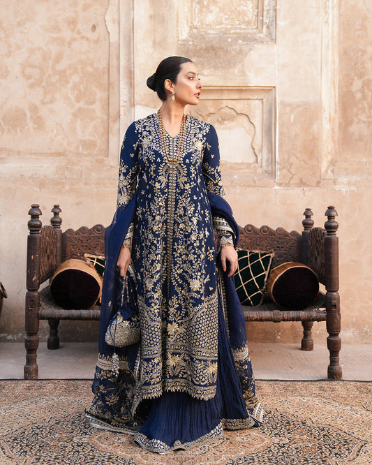 FAIZA SAQLAIN LUXURY BLUE CHIFFON DRESS| UNSTITCHED 3 PCS BY SHAEBIZ