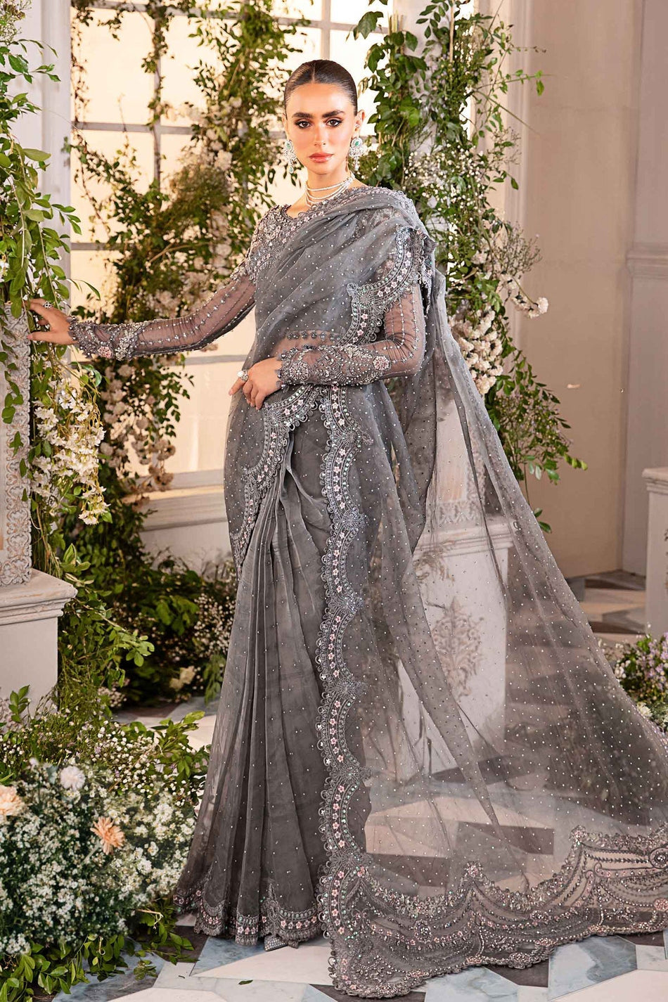 MARIA B LATEST GREY SAREE| UNSTITCHED WEDDING COLLECTION| TOP PAKISTANI DRESS BY SHAEBIZ