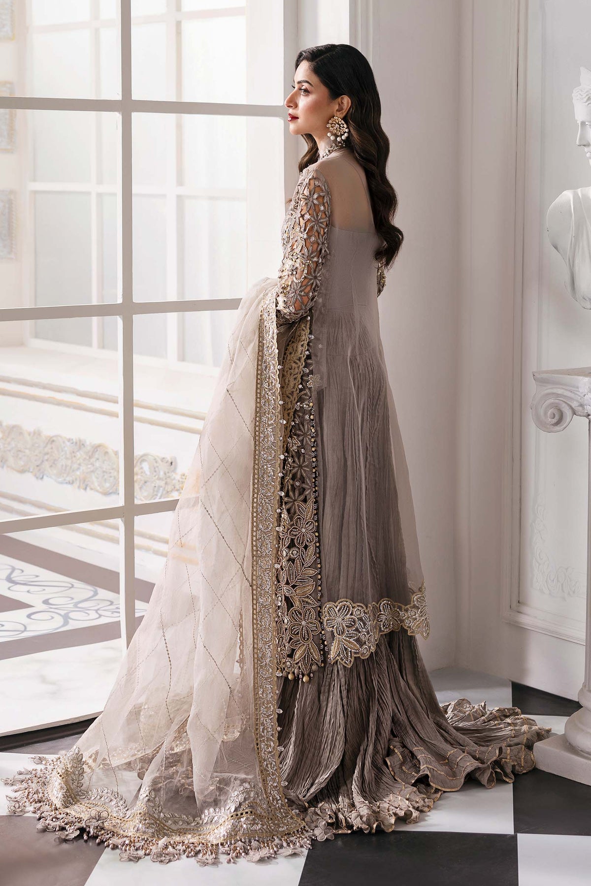 Embroidered Organza 3-Piece Suit with Hand Embellishment & Raw Silk Bottom