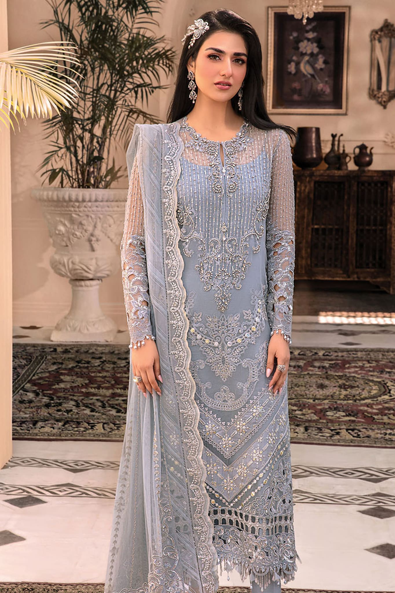 grey and blue pakistani dress MARIA B ICY BLUE HAZE LUXURY NET COLLECTION| SARA KHAN
