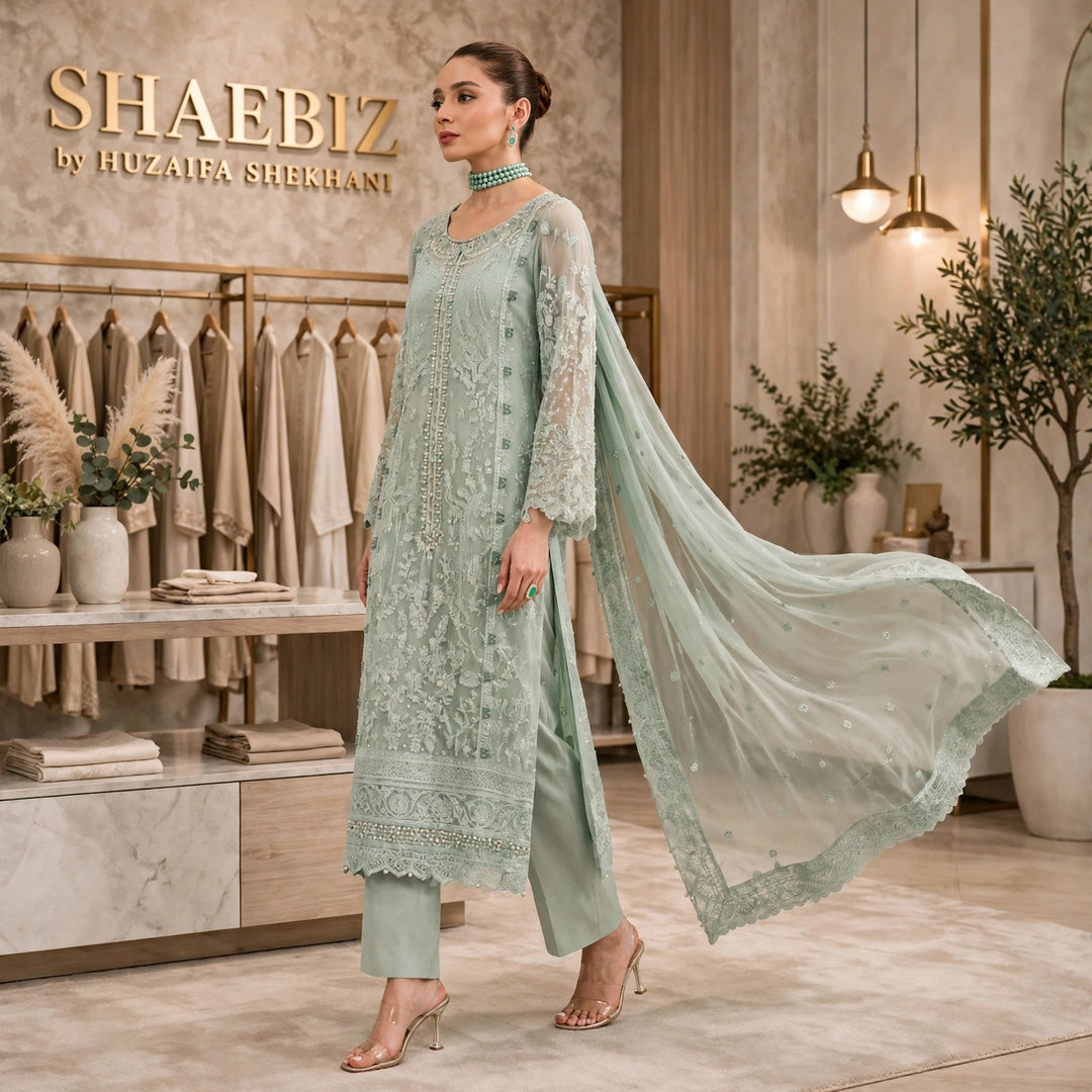 GULAAL LUXURY MINT GREEN CHIFFON COLLECTION| UNSTITCHED 3 PCS BY SHAEBIZ