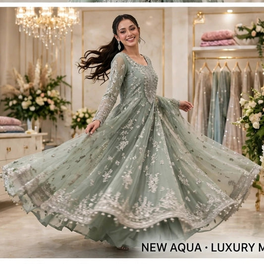 MARIA B LATEST NET COLLECTION| AQUA COLOR| UNSTITCHED 3 PCS BY SHAEBIZ