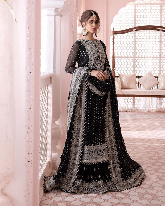 open lace back dress ASIM JOFA BLACK CHIFFON PARTY WEAR| WEARING BY SAJAL ALI