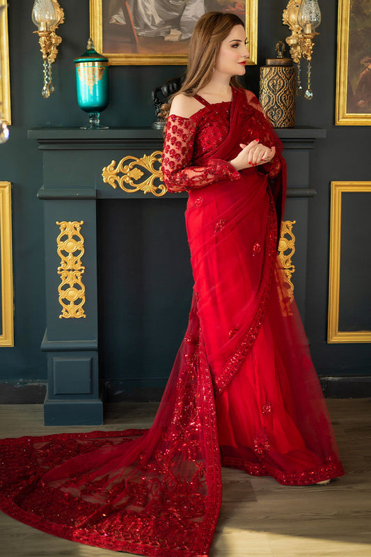 SHAZIA KIYANI RED EMBROIDERED SAREE| UNSTITCHED WEDDING COLLECTION| TOP PAKISTANI DRESS BY SHAEBIZ