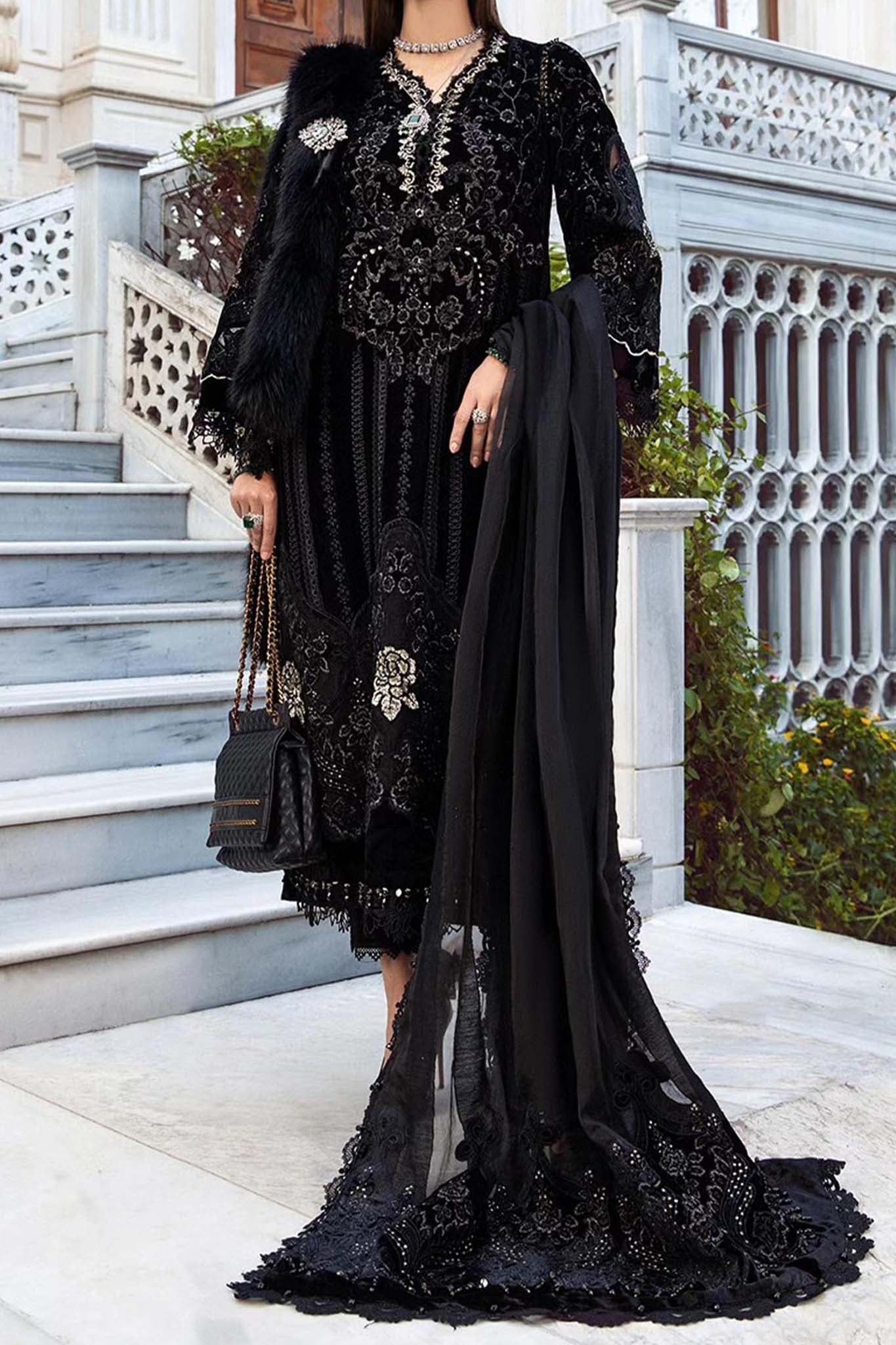 MARIA B LATEST BLACK DRESS| UNSTITCHED VELVET COLLECTION| MASTER REPLICA| TOO PAKISTANI DRESS BY SHAEBIZ