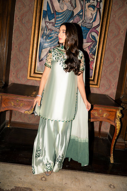 MURK MINT GREEN SILK DRESS| UNSTITCHED LATEST COLLECTION BY SHAEBIZ