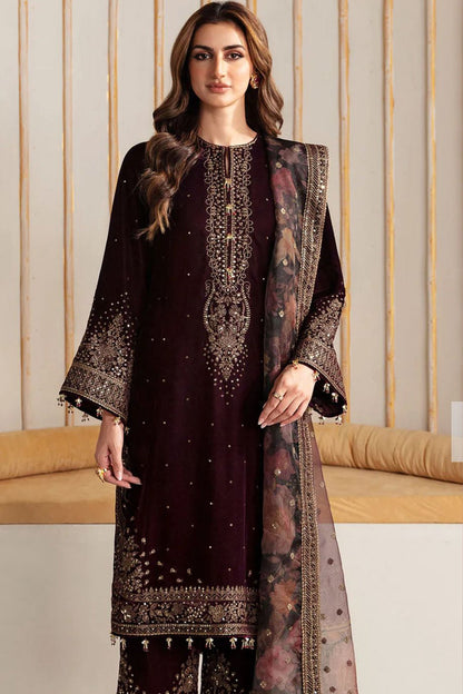 JAZMIN EMBROIDERED VELVET  | UNSTITCHED MEHROON FORMAL WEAR| TOP PAKISTANI DRESS BY SHAEBIZ