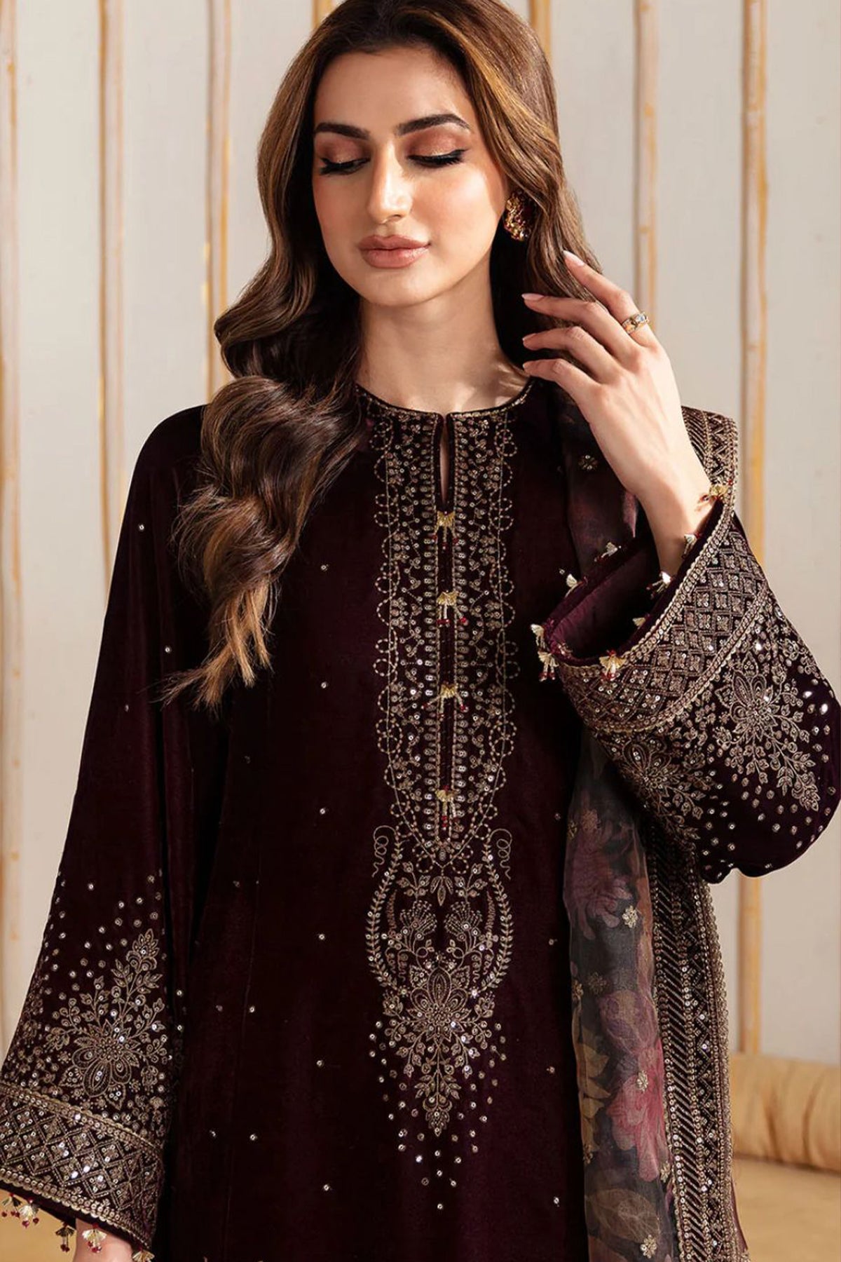 JAZMIN EMBROIDERED VELVET  | UNSTITCHED MEHROON FORMAL WEAR| TOP PAKISTANI DRESS BY SHAEBIZ