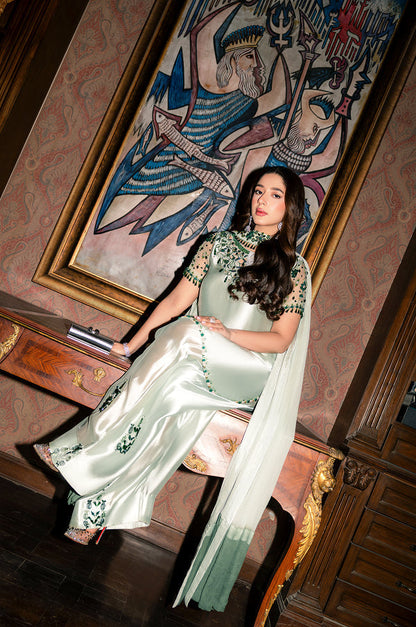 MURK MINT GREEN SILK DRESS| UNSTITCHED LATEST COLLECTION BY SHAEBIZ