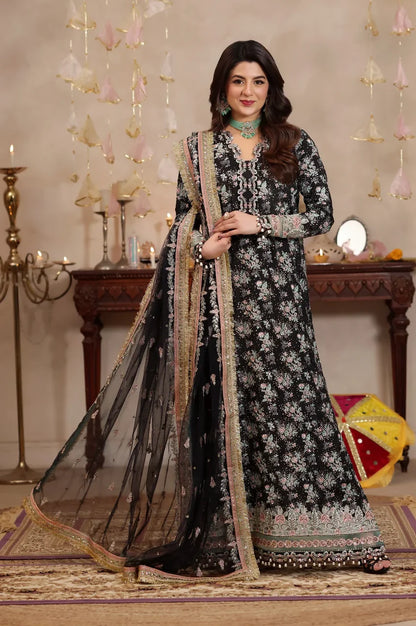 ANEELAS BLACK LUXURY RAW SILK DRESS | UNSTITCHED 3 PCS BY SHAEBIZ