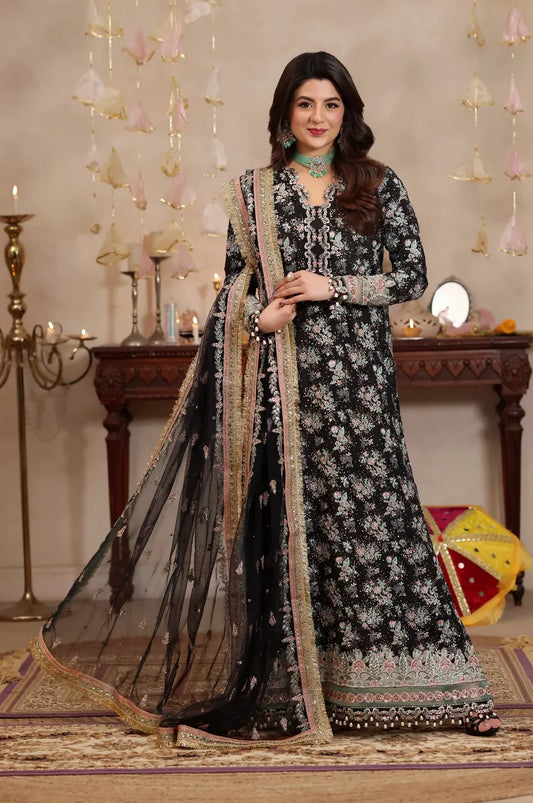 ANEELAS BLACK LUXURY RAW SILK DRESS | UNSTITCHED 3 PCS BY SHAEBIZ