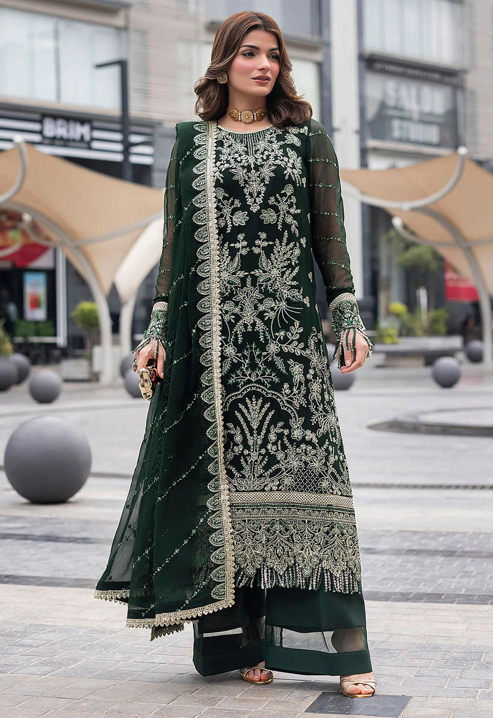 SAHANE BOTTLE GREEN LUXURY EMBROIDERED CHIFFON COLLECTION| UNSTITCHED 3 PCS| TOP PAKISTANI DRESS BY SHAEBIZ