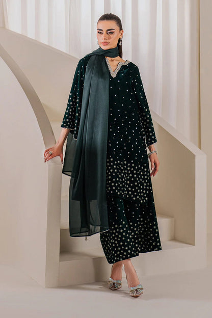 BAROQUE EMBROIDERED GREEN VELVET DRESS| UNSTITCHED MASTER REPLICA| TOP PAKISTANI DRESS BY SHAEBIZ