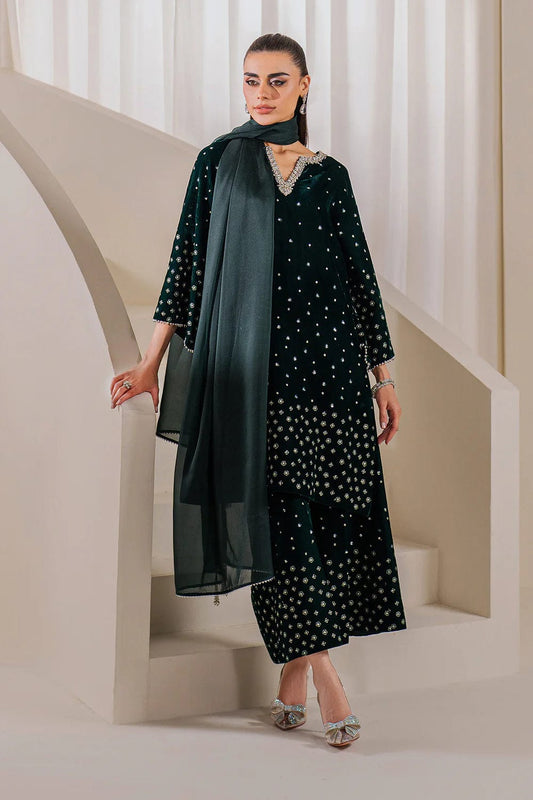 BAROQUE EMBROIDERED GREEN VELVET DRESS| UNSTITCHED MASTER REPLICA| TOP PAKISTANI DRESS BY SHAEBIZ
