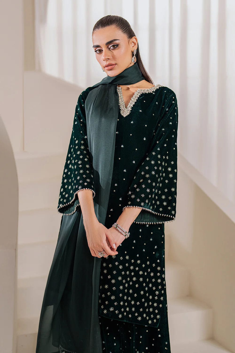 BAROQUE EMBROIDERED GREEN VELVET DRESS| UNSTITCHED MASTER REPLICA| TOP PAKISTANI DRESS BY SHAEBIZ