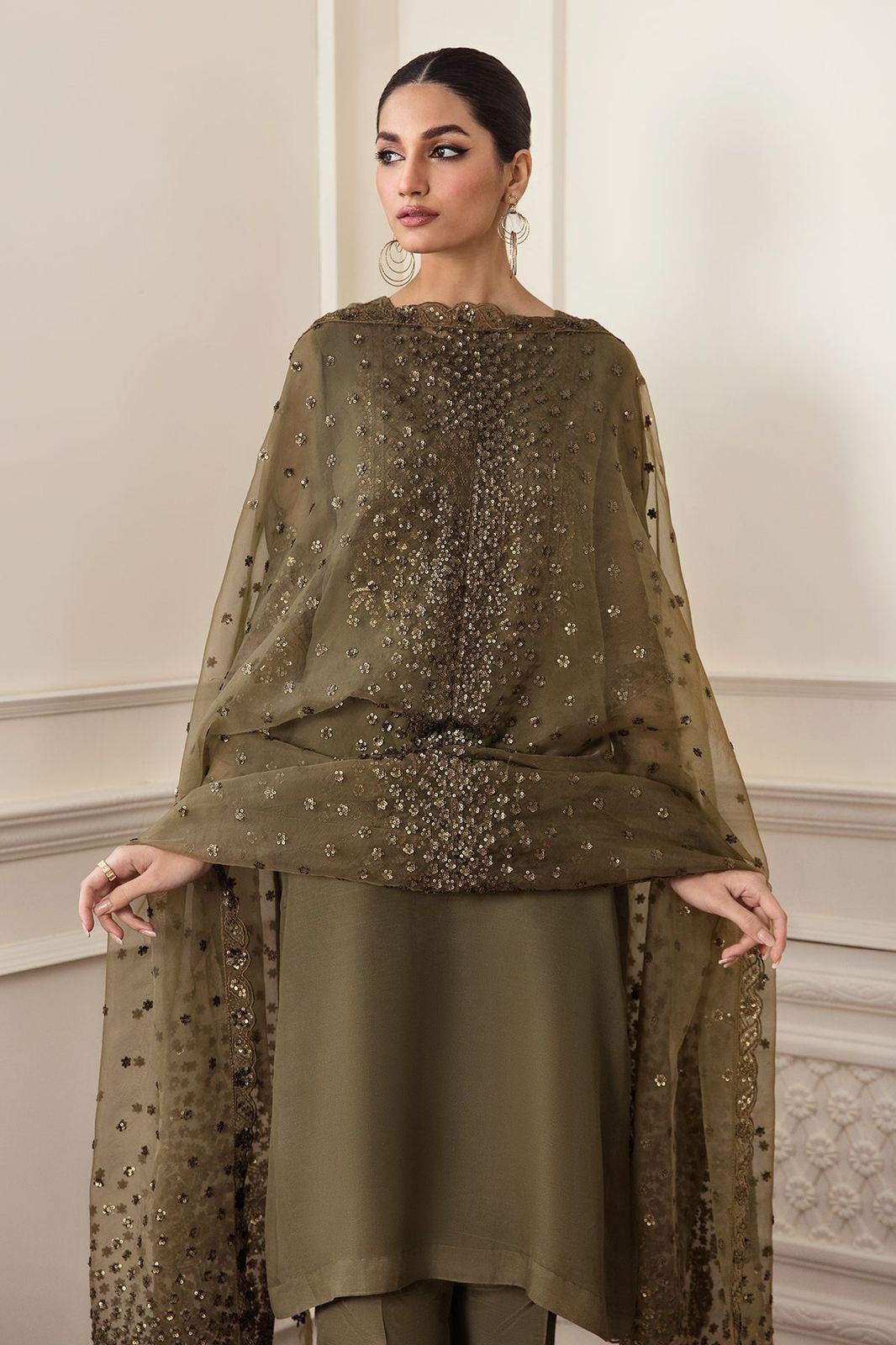 BAROQUE MEHNDI PEALS CHIFFON UNSTITCH FORMAL WEAR COLLECTION BY SHAEBIZ
