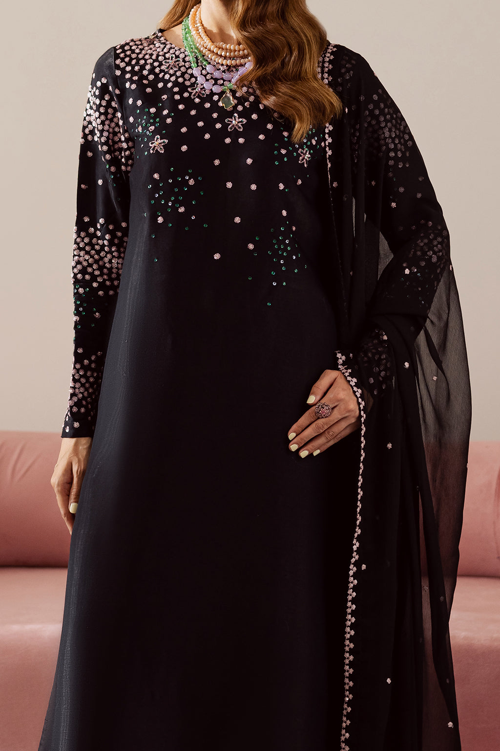 VANYA EMBROIDERED GREEN SEQUENCE LUXURY VELVET COLLECTION|WINTER COLLECTION| TOP PAKISTANI DRESS BY SHAEBIZ