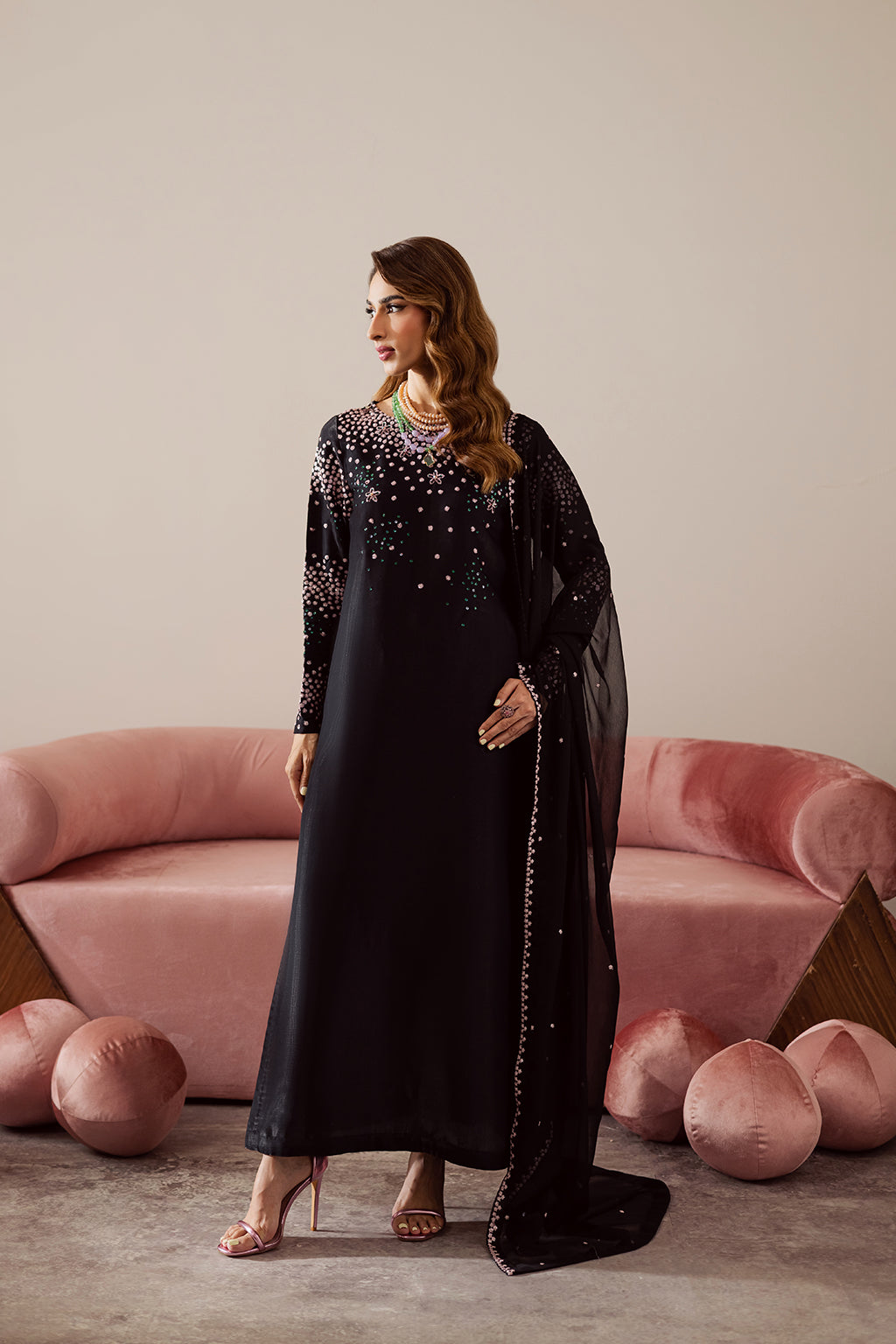VANYA EMBROIDERED GREEN SEQUENCE LUXURY VELVET COLLECTION|WINTER COLLECTION| TOP PAKISTANI DRESS BY SHAEBIZ