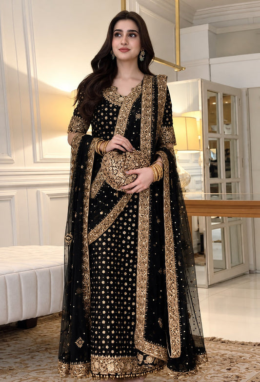 HARIS SHAKEEL NEW NAVY BLUE COLOR| UNSTITCHED 3 PCS BY SHAEBIZ
