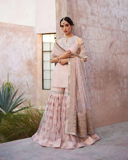 FAIZA SAQLAIN LUXURY PINK NET GHARARA| UNSTITCHED WEDDING COLLECTION| TOP PAKISTANI DRESS BY SHAEBIZ