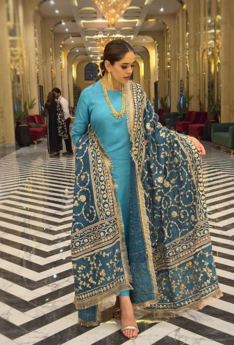 SHAEBIZ PRESENTING LUXURY BLUE RUSSIAN SILK DRESS| UNSTITCHED MASTER REPLICA| TOP PAKISTANI DRESS BY SHAEBIZ