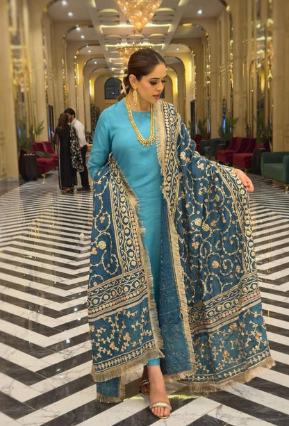 SHAEBIZ PRESENTING 2026 LUXURY BLUE RUSSIAN SILK DRESS| UNSTITCHED MASTER REPLICA| TOP PAKISTANI DRESS BY SHAEBIZ