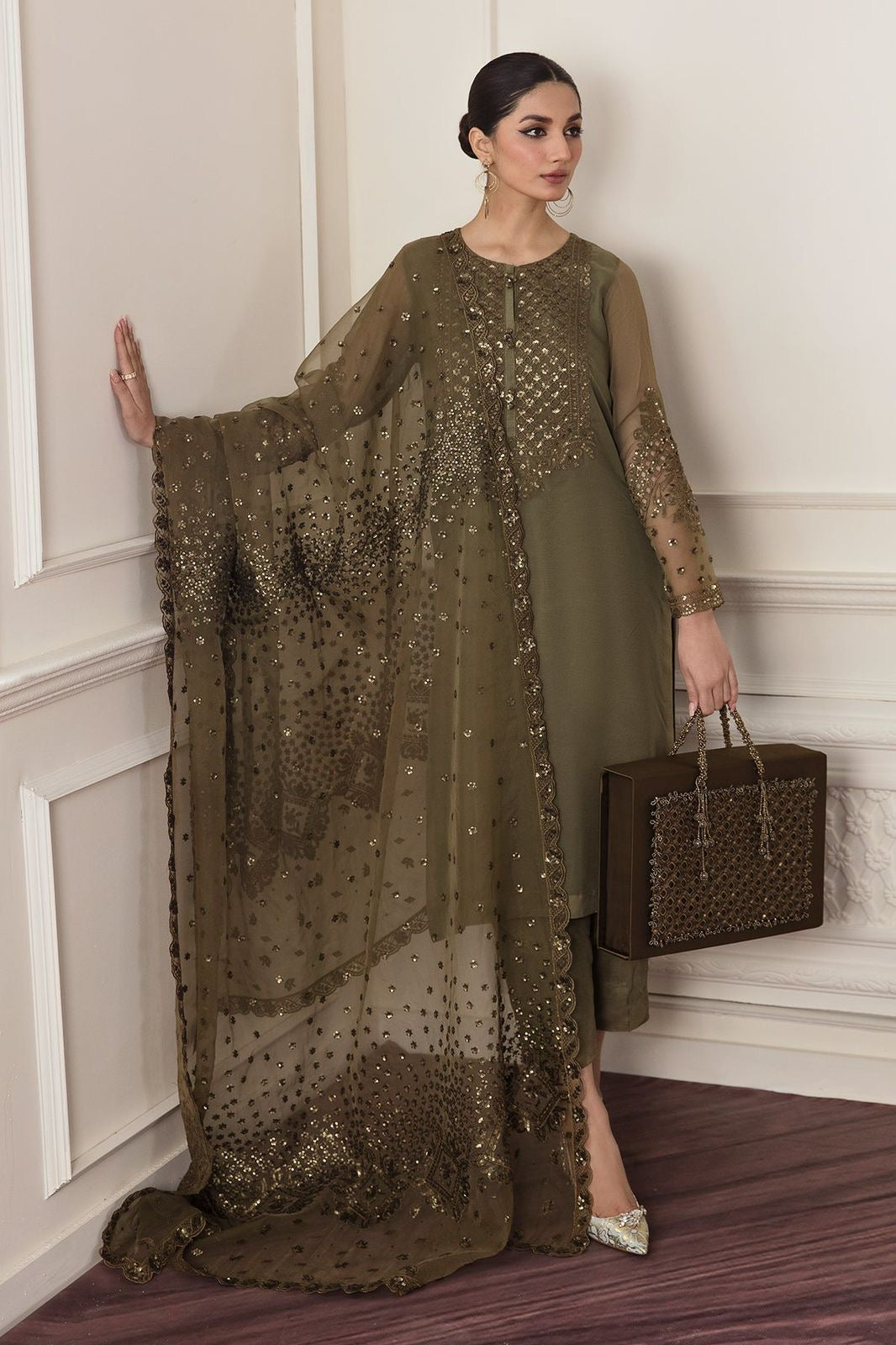 BAROQUE MEHNDI PEALS CHIFFON UNSTITCH FORMAL WEAR COLLECTION BY SHAEBIZ