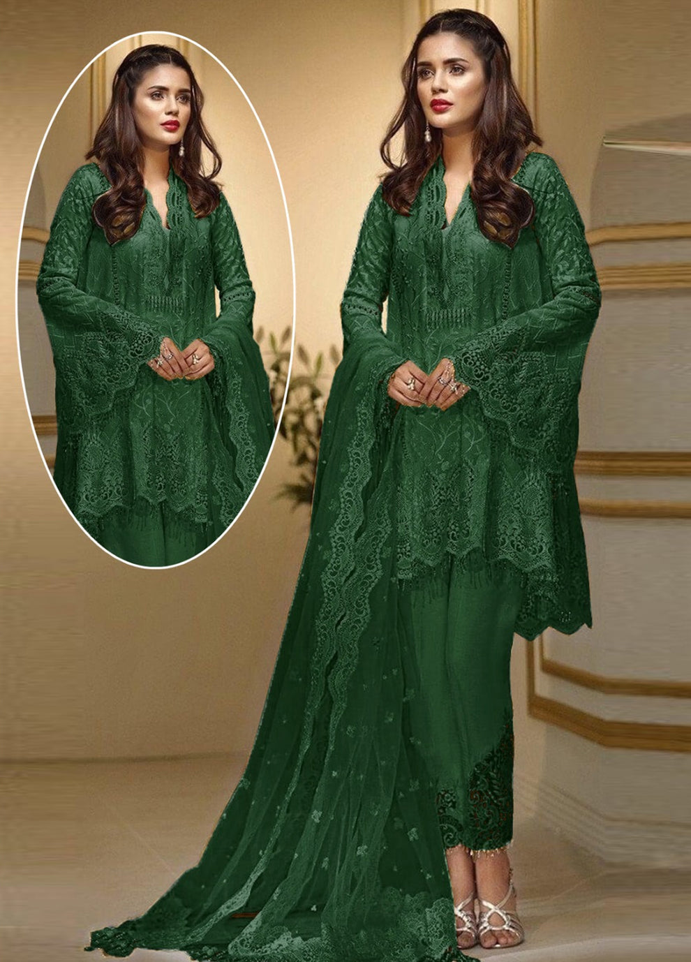ANAYA EMBROIDERED GREEN NET COLLECTION | UNSTITCHED PARTY WEAR|TOP PAKISTANI DRESS BY SHAEBIZ