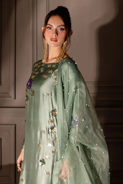 NUREH 2026 LUXURY MINT GREEN INDIAN RAW SILK| UNSTITCHED MASTER REPLICA| TOP PAKISTANI DRESS BY SHAEBIZ