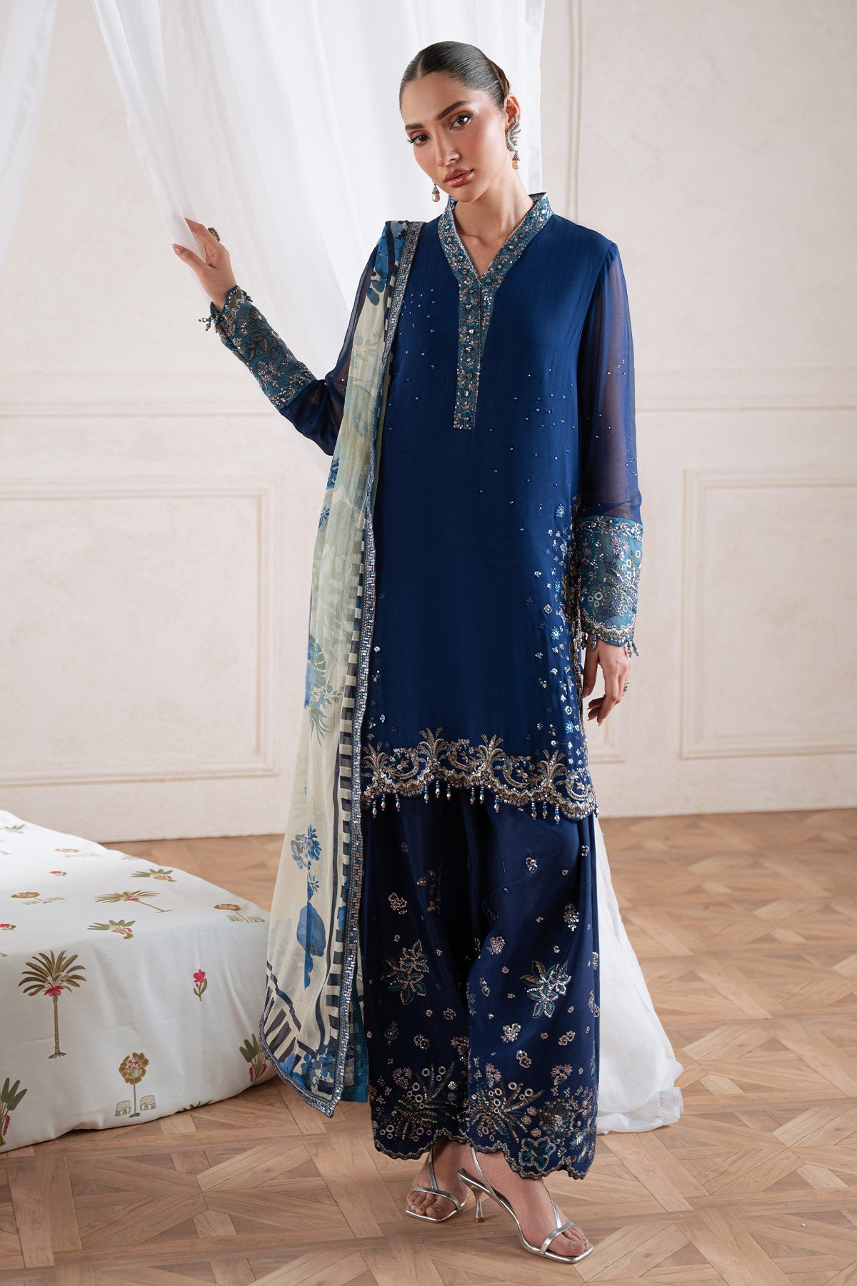 NUREH BLUE LUXURY CHIFFON COLLECTION|UNSTITCHED 3 PCS BY SHAEBIZ