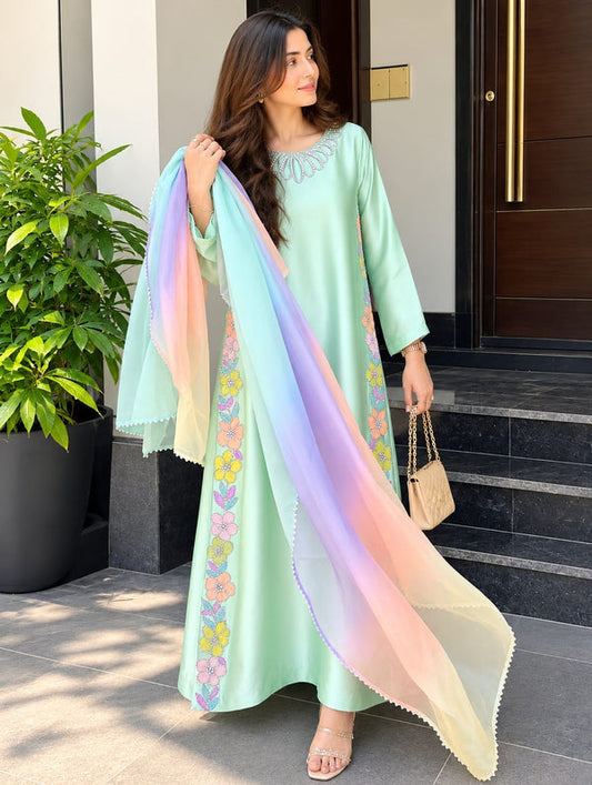 SHAEBIZ PRESENTING LUXURY GREEN SILK KAFTAN | UNSTITCHED 3 PCS BY SHAEBIZ