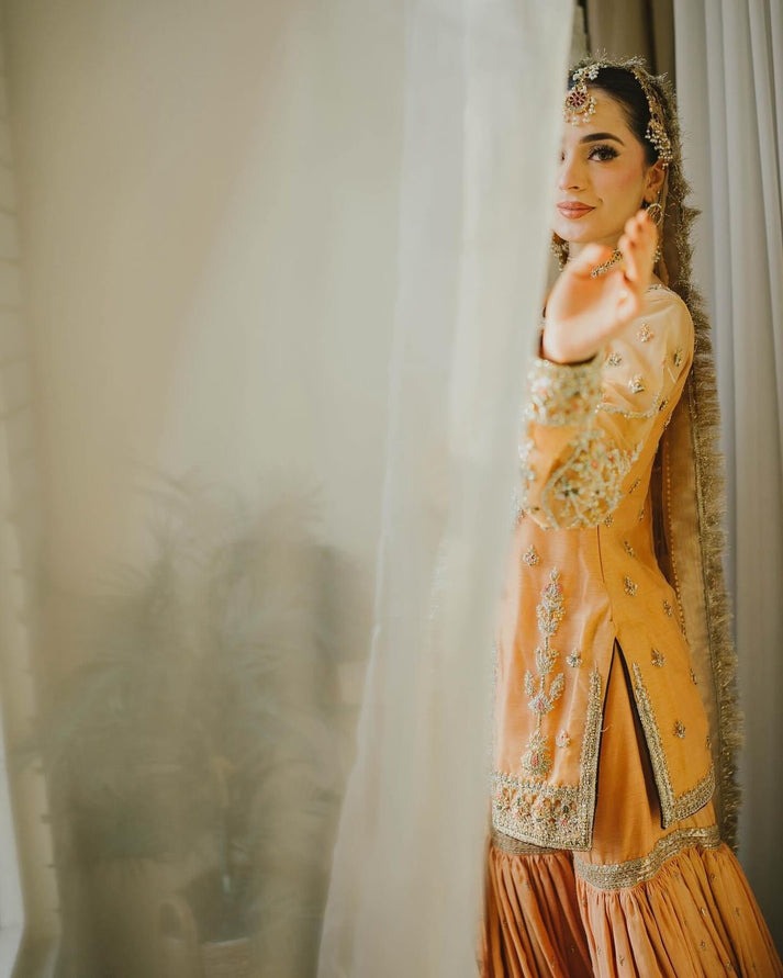 SHAEBIZ PRESENTING LUXURY SHAMOOZ SILK GHARARA WITH CHIFFON SHIRT | WEDDING COLLECTION| TOP PAKISTANI DRESS BY SHAEBIZ