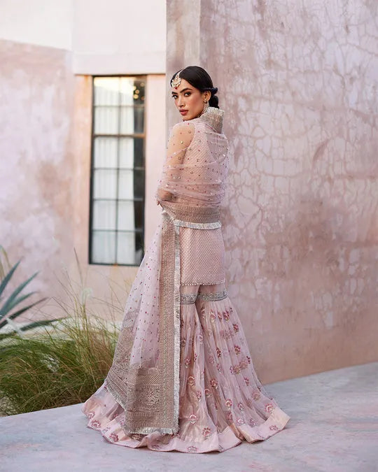 FAIZA SAQLAIN LUXURY PINK NET GHARARA| UNSTITCHED WEDDING COLLECTION| TOP PAKISTANI DRESS BY SHAEBIZ