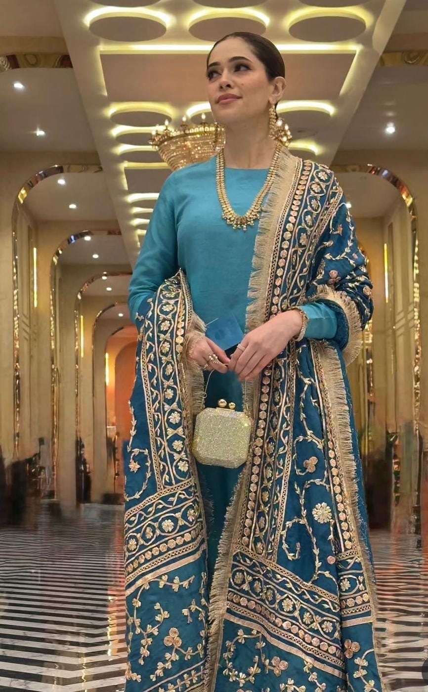 pakistani blue dress Midnight Blue Silk Farshi Shalwar Pakistani Dress main image 0