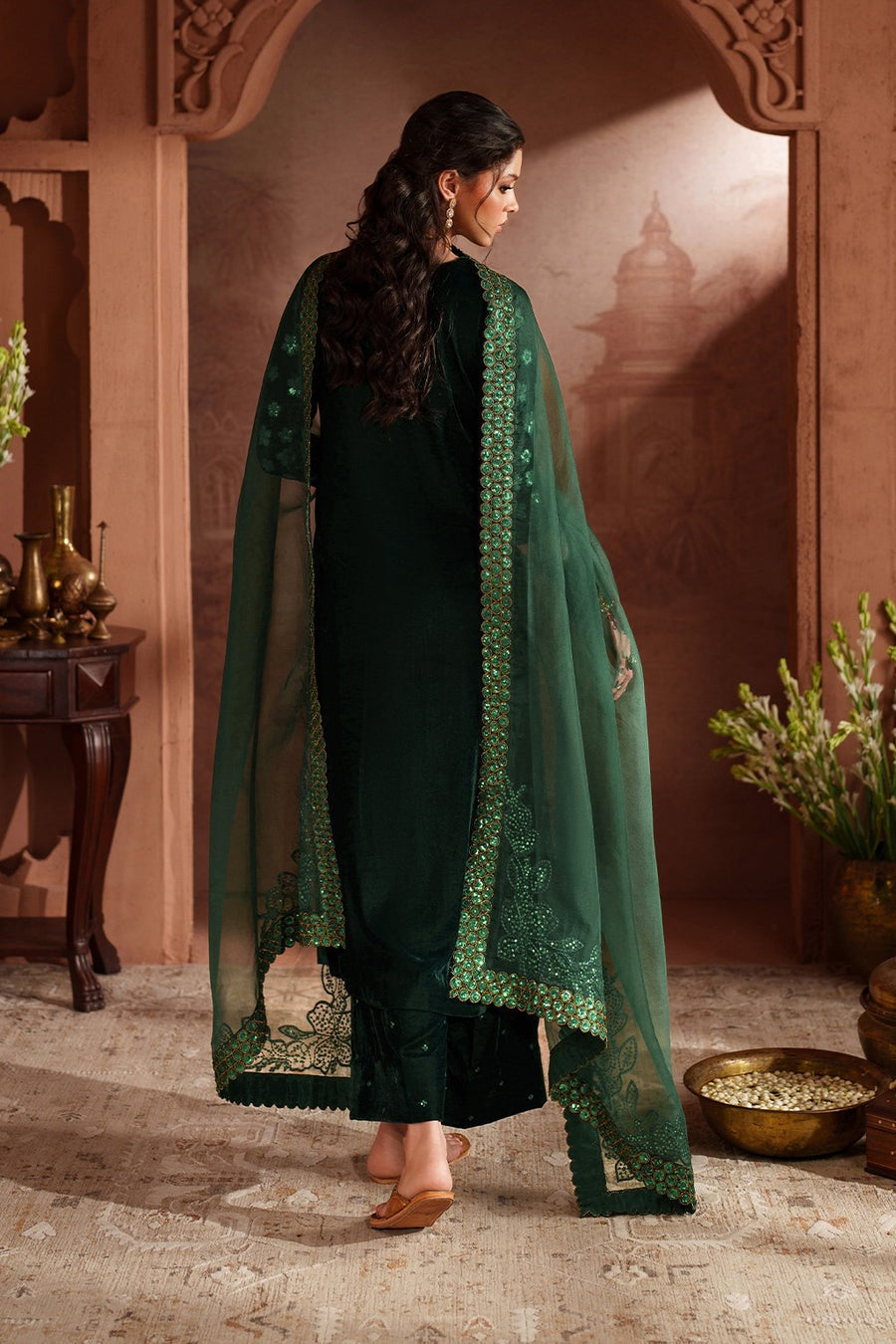 IZNIK BOTTLE GREEN MICRO 9000 VELVET | UNSTITCHED VELVET COLLECTION BY SHAEBIZ