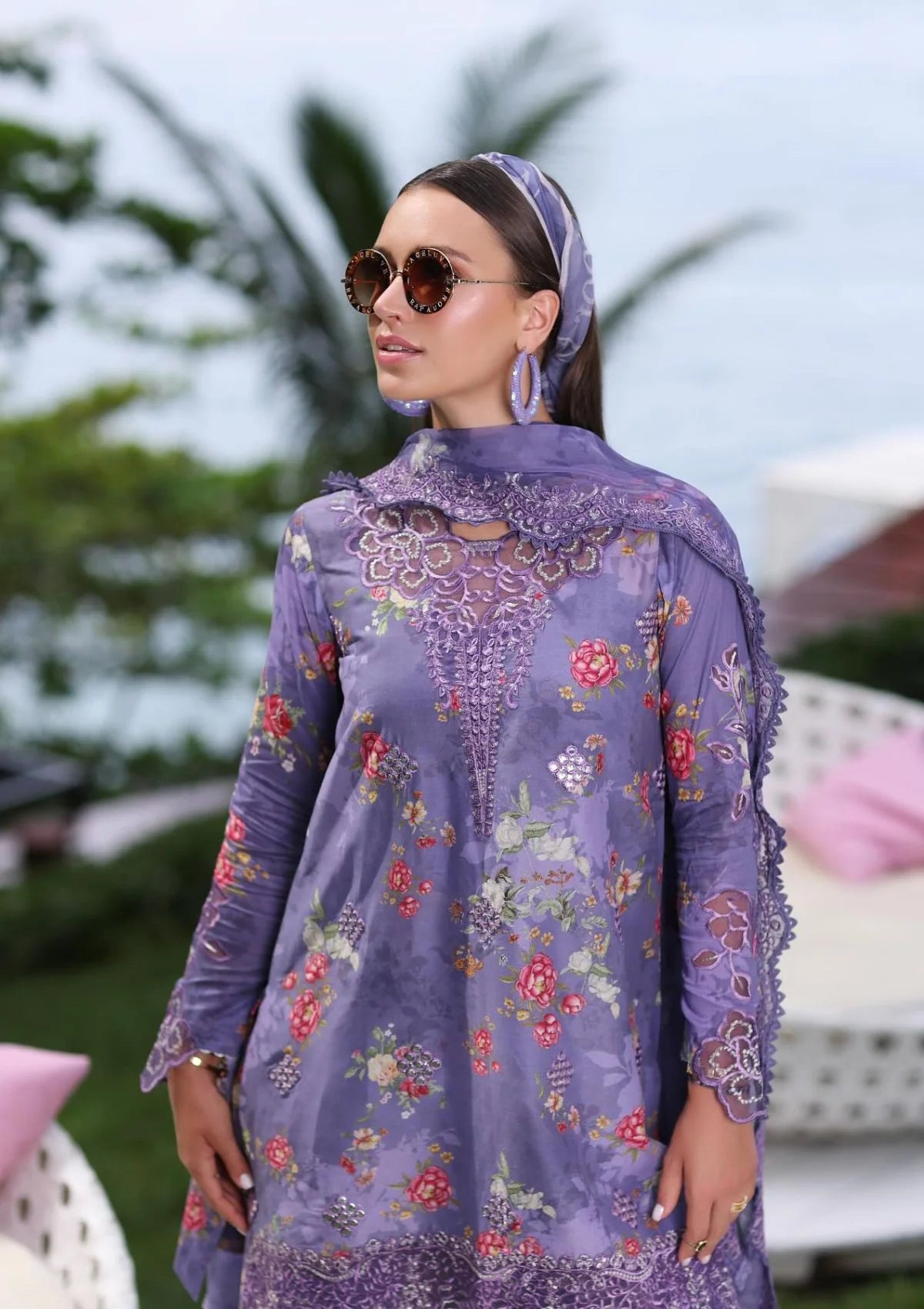 NOOR SADIA ASAD PURPLE DIGITAL PRINTED SUMMER LAWN COLLECTION| TOP PAKISTANI DRESS BY SHAEBIZ|