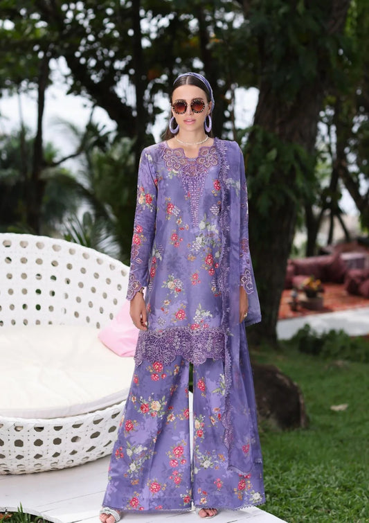 NOOR SADIA ASAD PURPLE DIGITAL PRINTED SUMMER LAWN COLLECTION| TOP PAKISTANI DRESS BY SHAEBIZ|