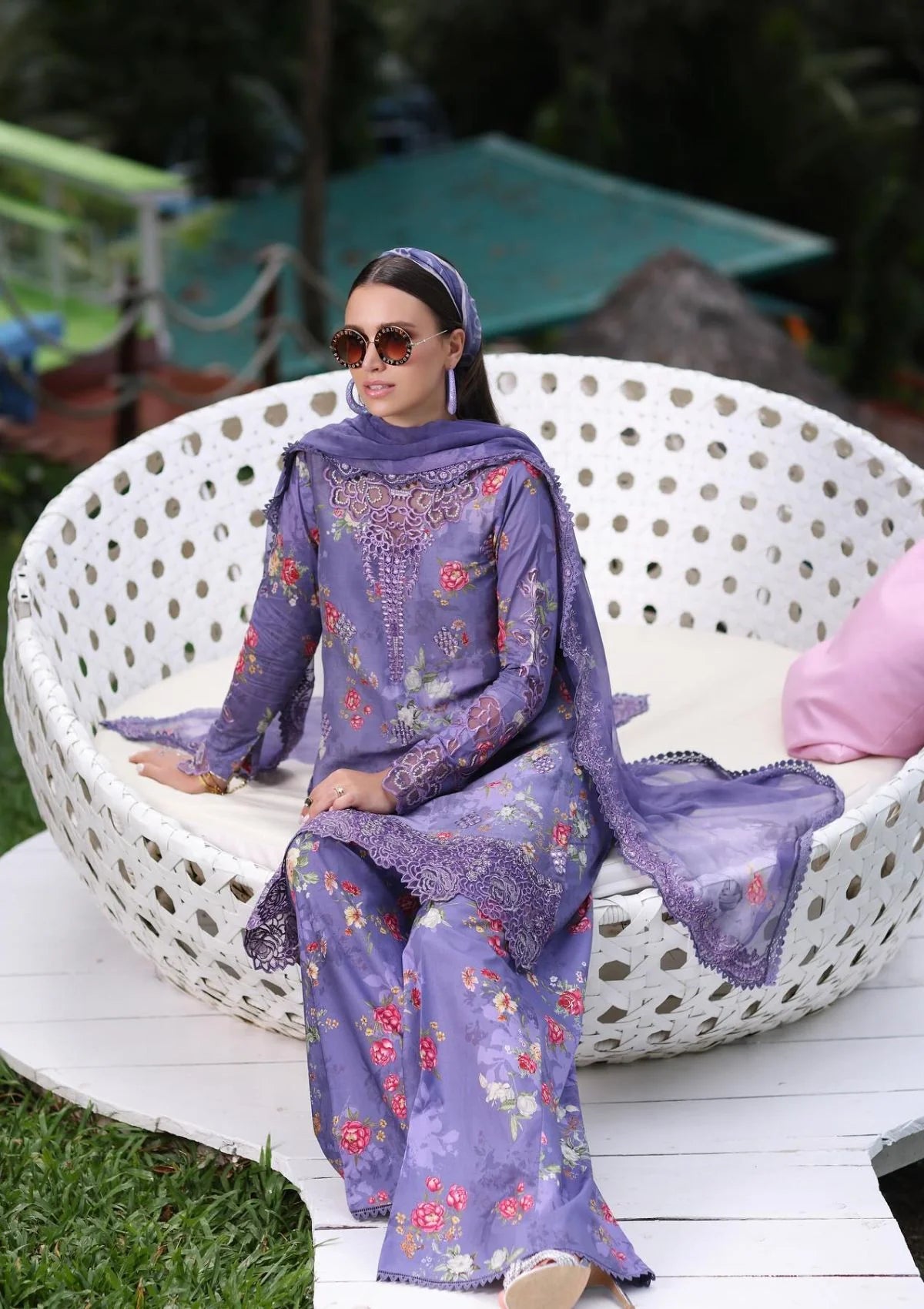 NOOR SADIA ASAD PURPLE DIGITAL PRINTED SUMMER LAWN COLLECTION| TOP PAKISTANI DRESS BY SHAEBIZ|