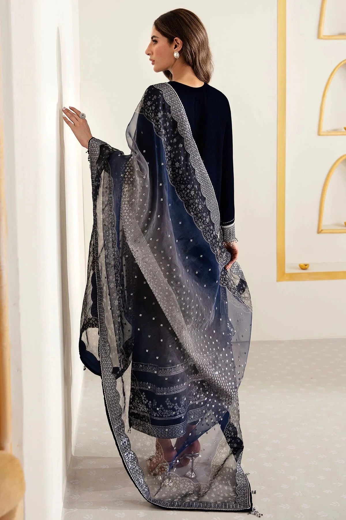 JAZMIN BLUE EMBROIDERED VELVET DRESS| UNSTITCHED WINTER COLLECTION| TOP PAKISTANI DRESS BY SHAEBIZ