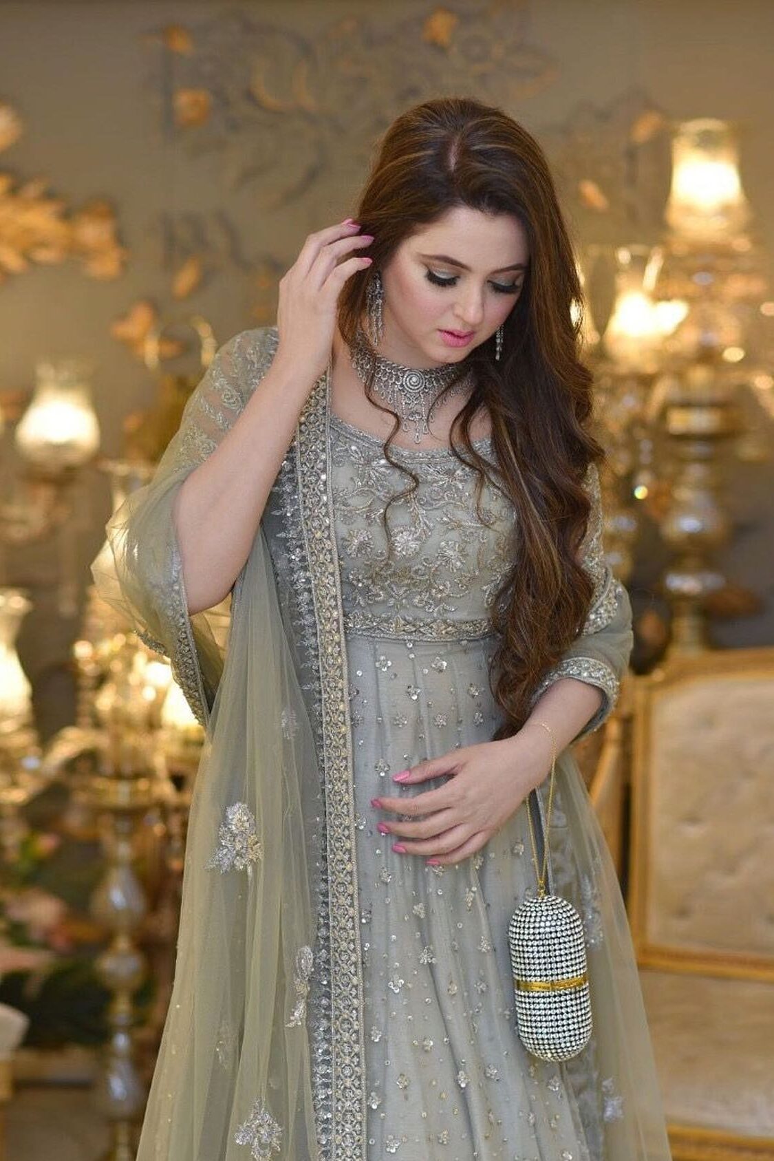 SHAEBIZ PRESENTING SARA ATIF ASLAM LUXURY GREY NET DRESS | UNSTITCHED 3 PCS| TOP PAKISTANI DRESS BY SHAEBIZ