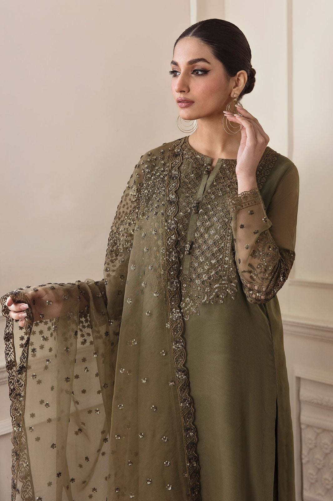 BAROQUE MEHNDI PEALS CHIFFON UNSTITCH FORMAL WEAR COLLECTION BY SHAEBIZ