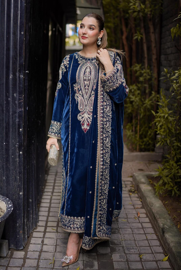 ANEELA'S LUXURY WEDDING VELVET | UNSTITCHED WITH VELVET  SHAWL | TOP PAKISTANI DRESS BY SHAEBIZ