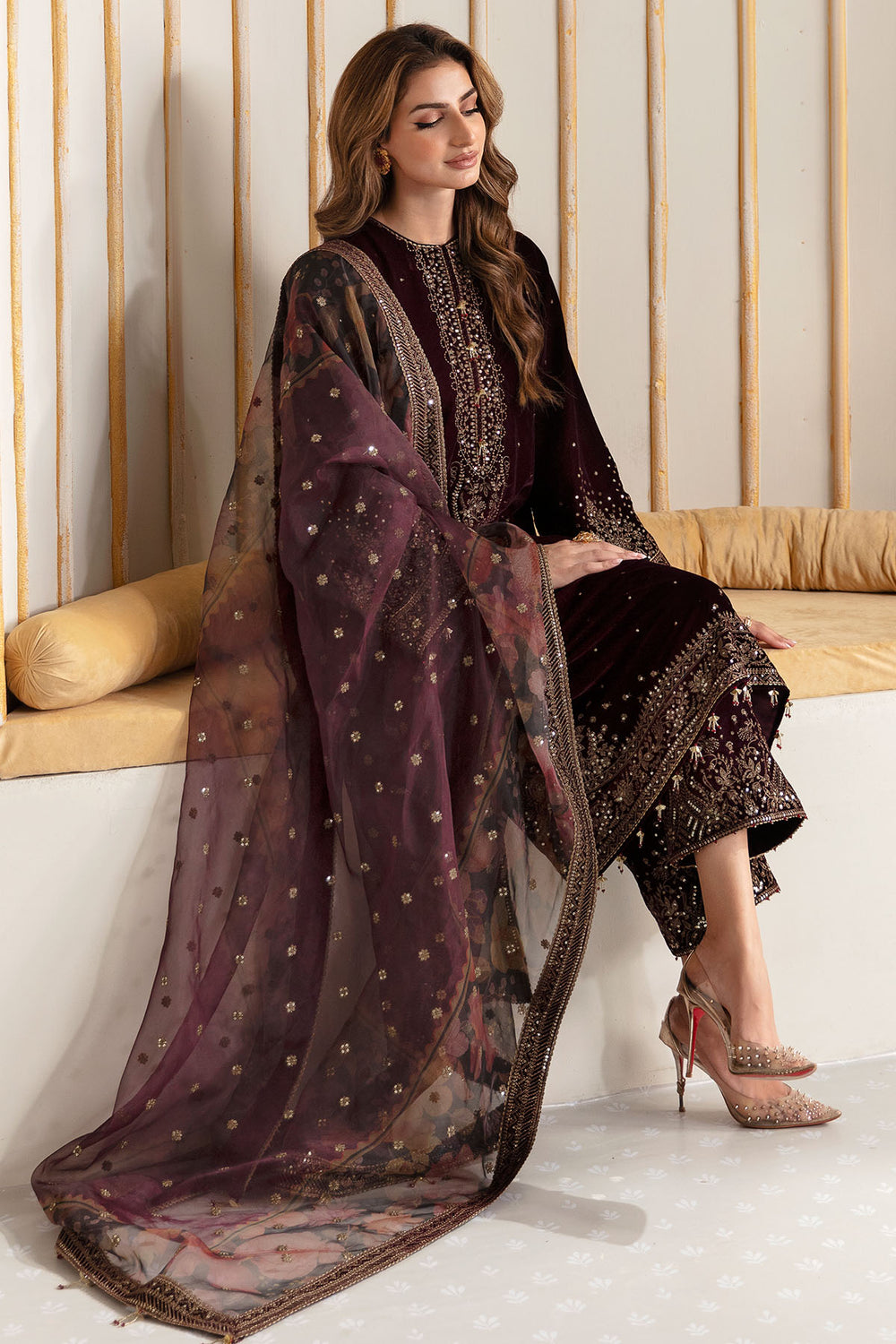 JAZMIN EMBROIDERED VELVET  | UNSTITCHED MEHROON FORMAL WEAR| TOP PAKISTANI DRESS BY SHAEBIZ