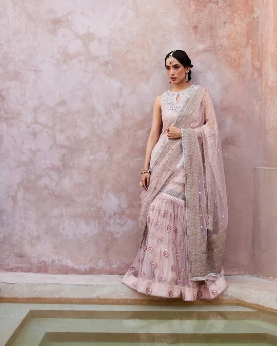 FAIZA SAQLAIN LUXURY PINK NET GHARARA| UNSTITCHED WEDDING COLLECTION| TOP PAKISTANI DRESS BY SHAEBIZ