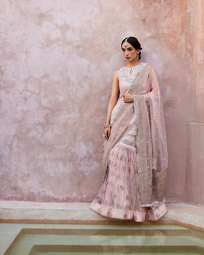 FAIZA SAQLAIN LUXURY PINK NET GHARARA| UNSTITCHED WEDDING COLLECTION| TOP PAKISTANI DRESS BY SHAEBIZ