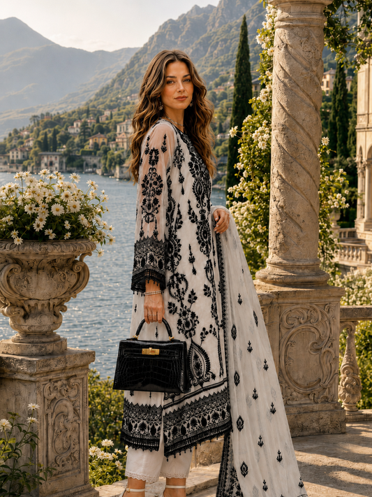 NOOR BY SADIA ASAD BLACK AND WHITE LUXURY ORGENZA COLLECTION| UNSTITCHED 3 PCS BY SHAEBIZ