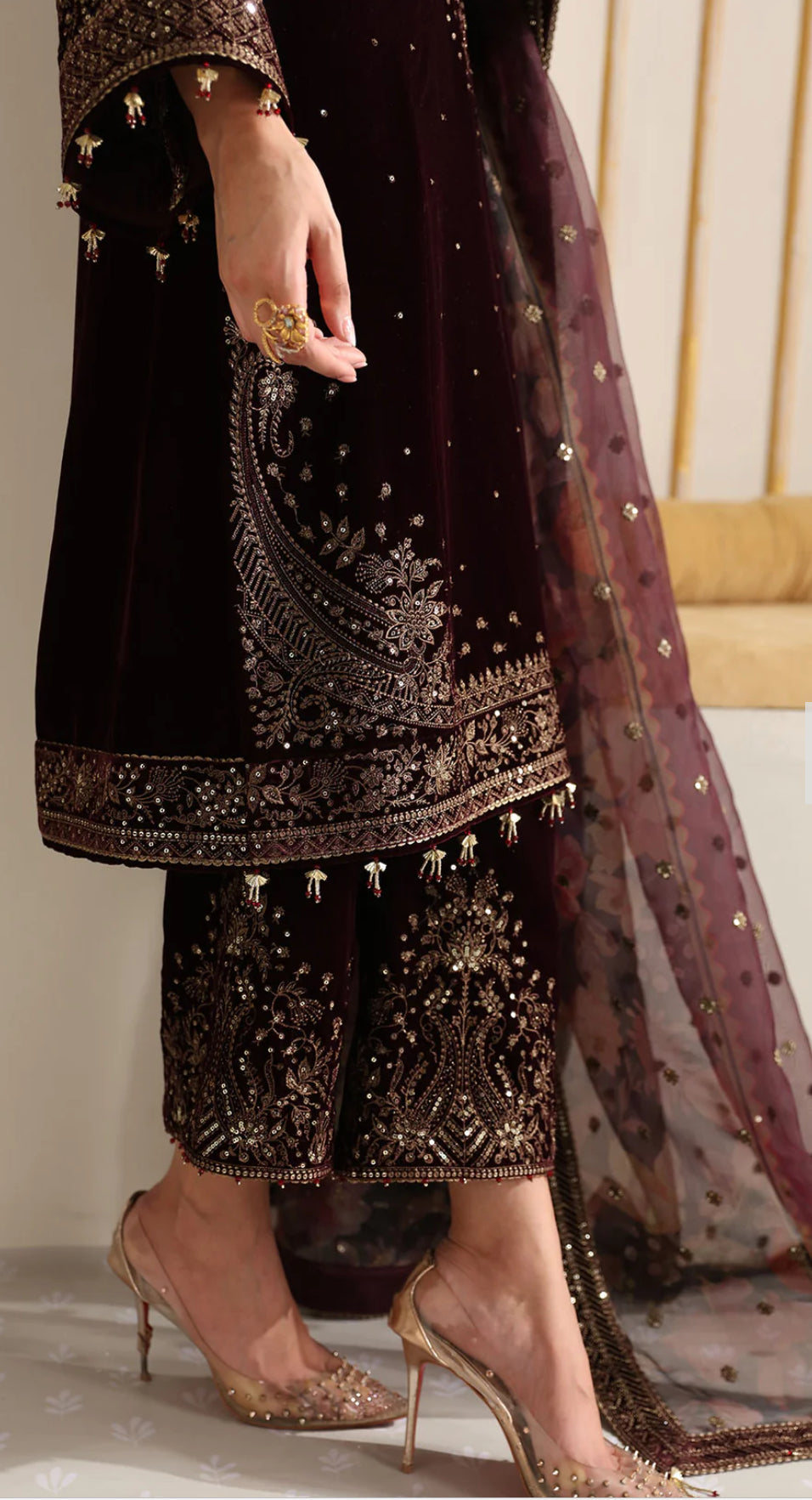 JAZMIN EMBROIDERED VELVET  | UNSTITCHED MEHROON FORMAL WEAR| TOP PAKISTANI DRESS BY SHAEBIZ