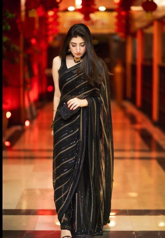 MARYAM NAFEES BLACK CHIFFON SAREE| UNSTITCHED PARTY WEAR| TOP PAKISTANI DRESS BY SHAEBIZ