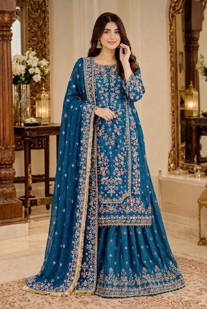 SHAEBIZ BLUE CHIFFON DRESS WITH GHRARA | UNSTITCHED 3 PCS BY SHAEBIZ