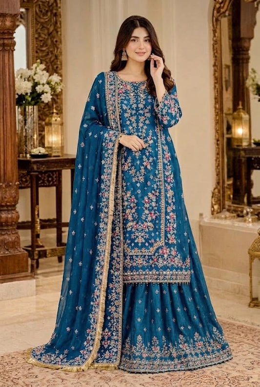 SHAEBIZ BLUE CHIFFON DRESS WITH GHRARA | UNSTITCHED 3 PCS BY SHAEBIZ